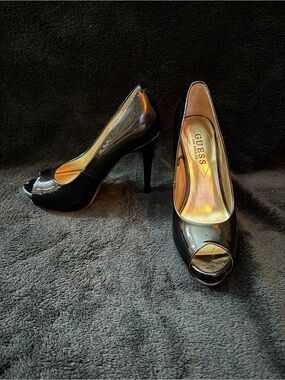 GUESS Black Patent Peep-Toe Stiletto Pumps